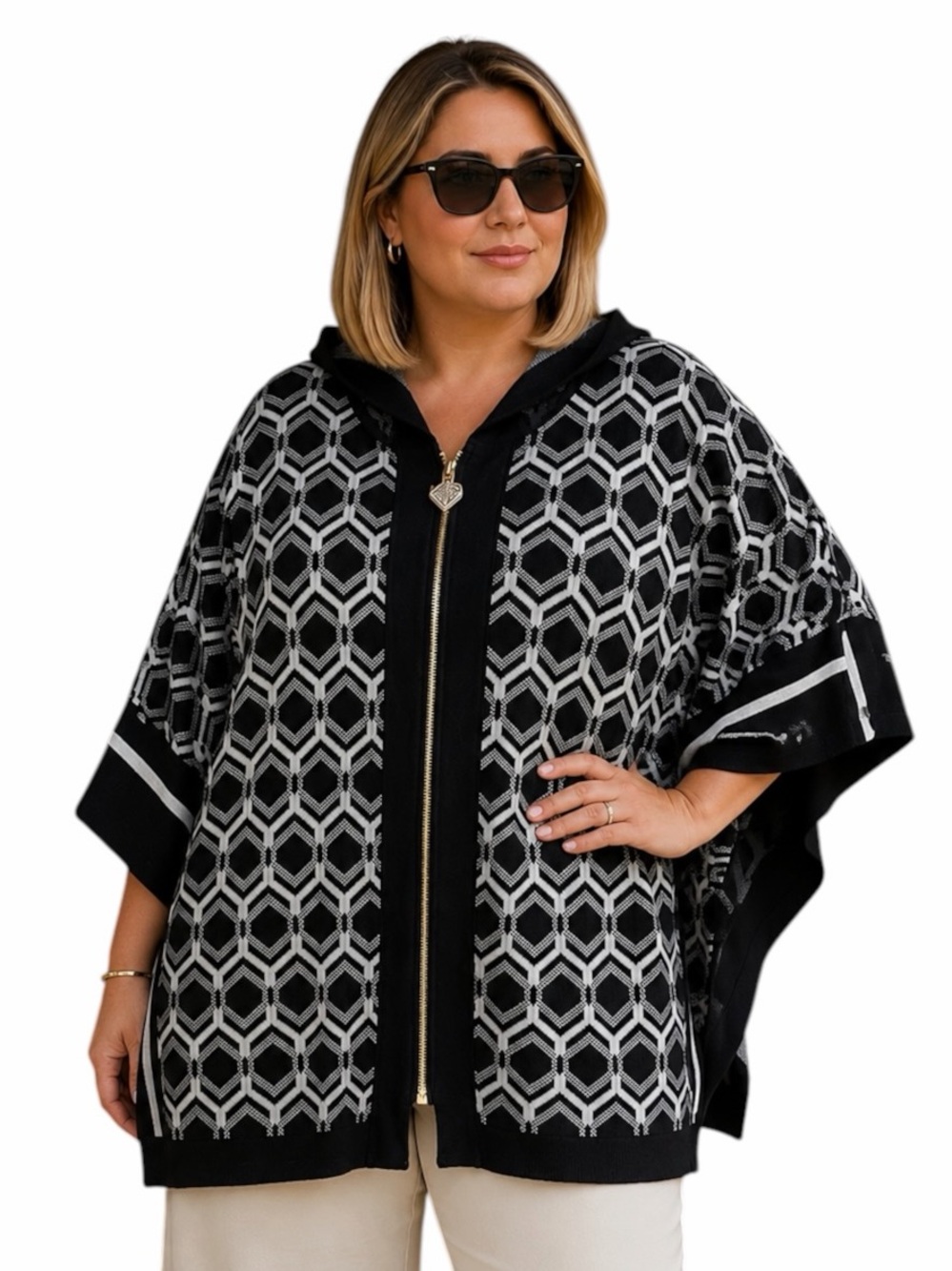 NWOT Anne Klein XL Black & White Oversized Hooded Knit Poncho Zip Up Cardigan